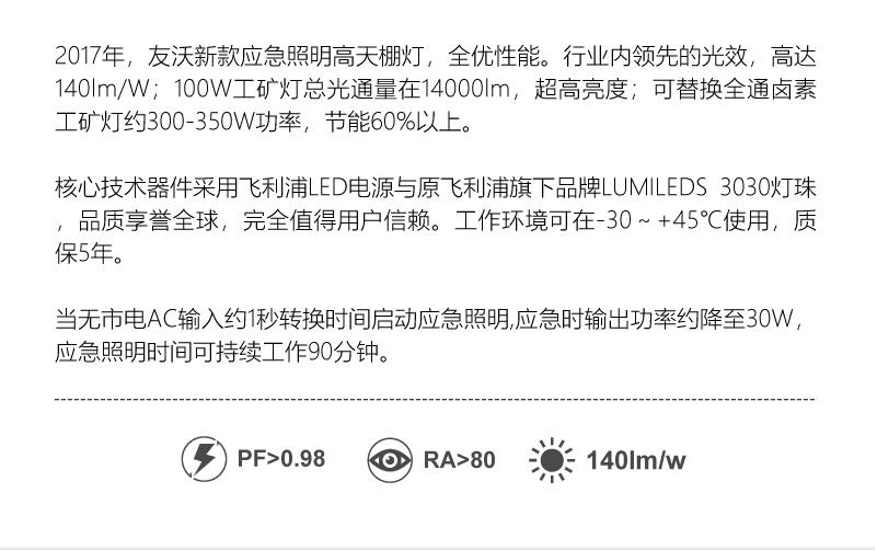 UWE新款100W充电式LED工矿灯 天棚灯 带应急照明90分钟内置飞利浦驱动示例图3