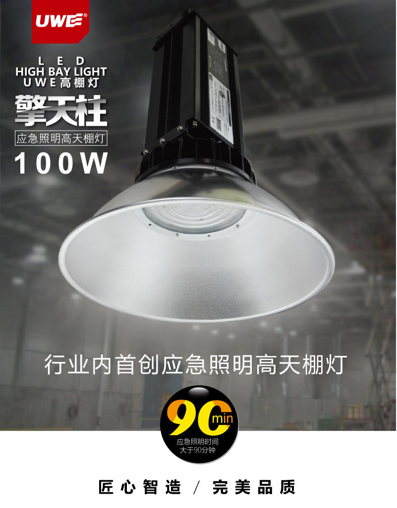 UWE新款100W充电式LED工矿灯 天棚灯 带应急照明90分钟内置飞利浦驱动示例图2