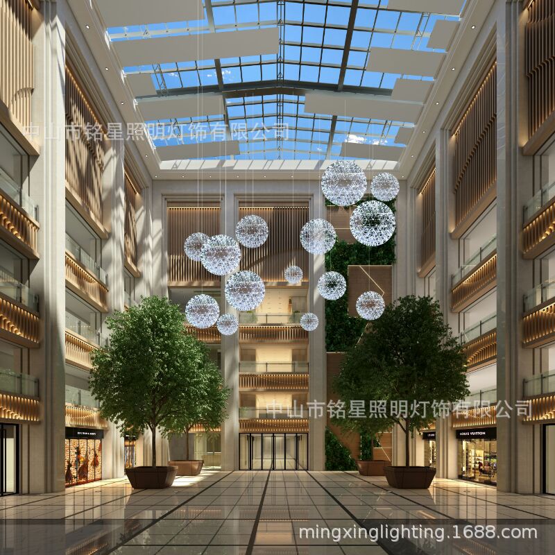 大型商场购物中心中庭吊饰美陈  商业大堂不锈钢球星吊饰布置定制示例图12