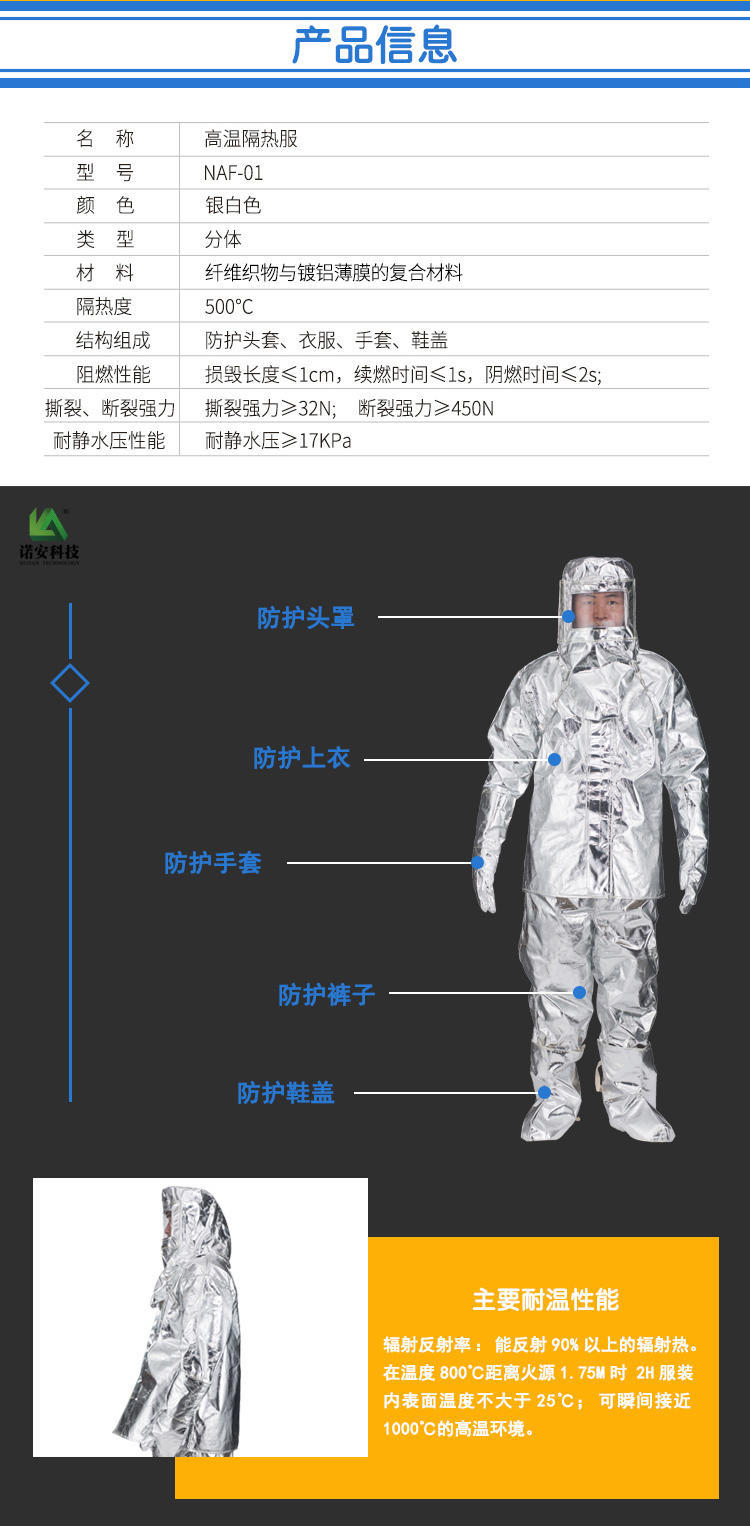 上海皓驹厂家 NAF-01分体500度 高温隔热服 消防员隔热防护服 多层隔热服示例图2