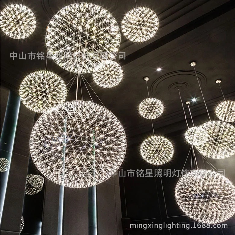 商场大堂吊饰设计 中庭优质装饰圆球灯 中空LED火花球星星球吊灯示例图4