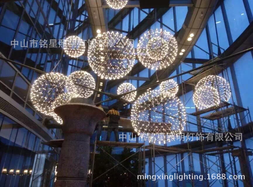 定制商场大厅中空LED球垂吊灯厂家新款球满天星不锈钢圆球灯示例图17