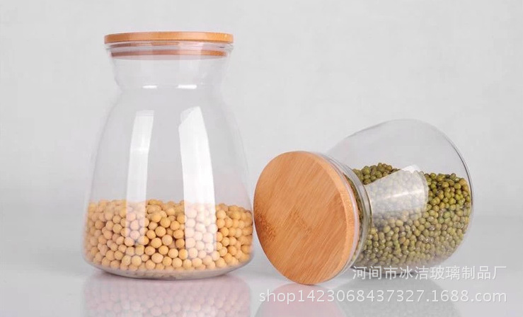 厂家直销梯形储物罐 零食干果 竹木盖高硼硅玻璃家居储存密封罐图片
