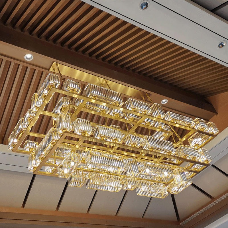 大型长方形水晶吊灯会所 金色中式现代三层方形酒店工程水晶灯 豪华大堂灯饰定做 帝丹立阳