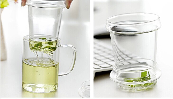 生产过滤带盖耐热茶杯三件式玻璃杯 个人泡茶杯 办公杯400ml示例图12