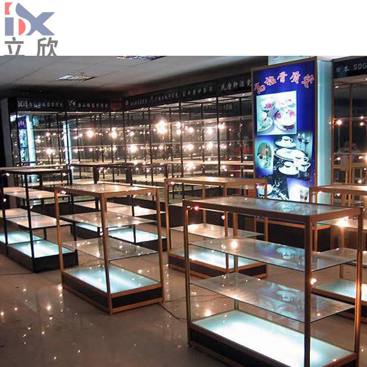 面包玻璃折叠柜尺寸 精品货架搭建 展览展示八棱柱展柜 珠宝展示折叠展柜图片