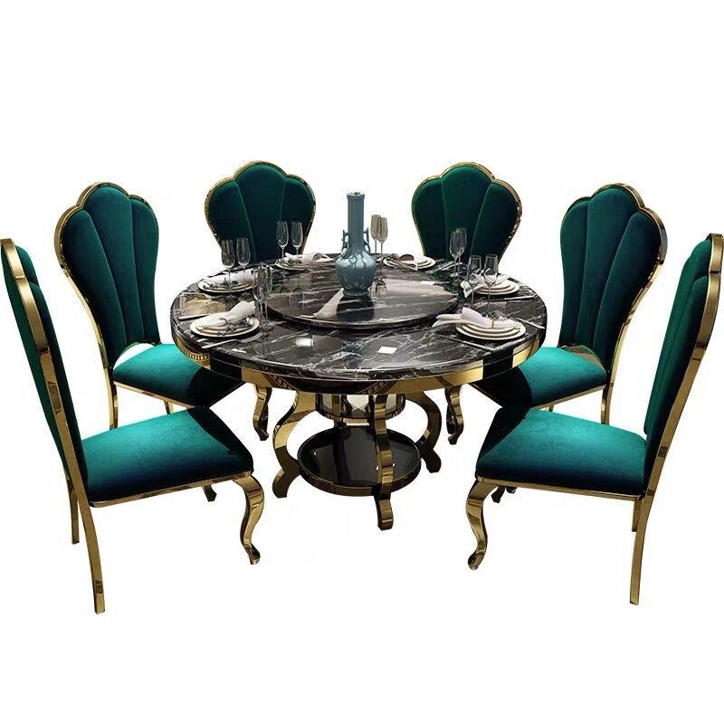 轻奢大理石餐桌椅 现代简约圆桌带转盘 欧式不锈钢家用大圆桌 西餐厅桌椅