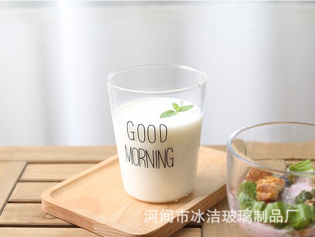 新款耐高温早餐杯牛奶杯果汁杯Good morning玻璃水杯透耐热透明示例图4