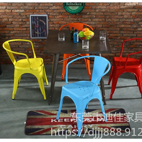 汕头家具生产  美式餐椅工业风做旧扶手椅休闲铁艺奶茶咖啡店木椅简约靠背餐厅椅