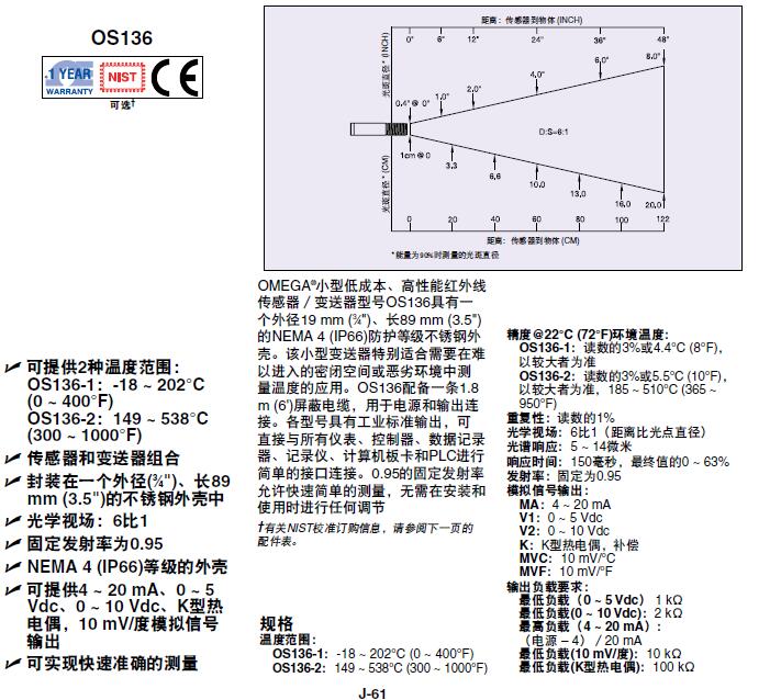 OS136-1-MV-F OS136-1-MV-C 红外线温度传感器/变送器 Omega欧米茄示例图3