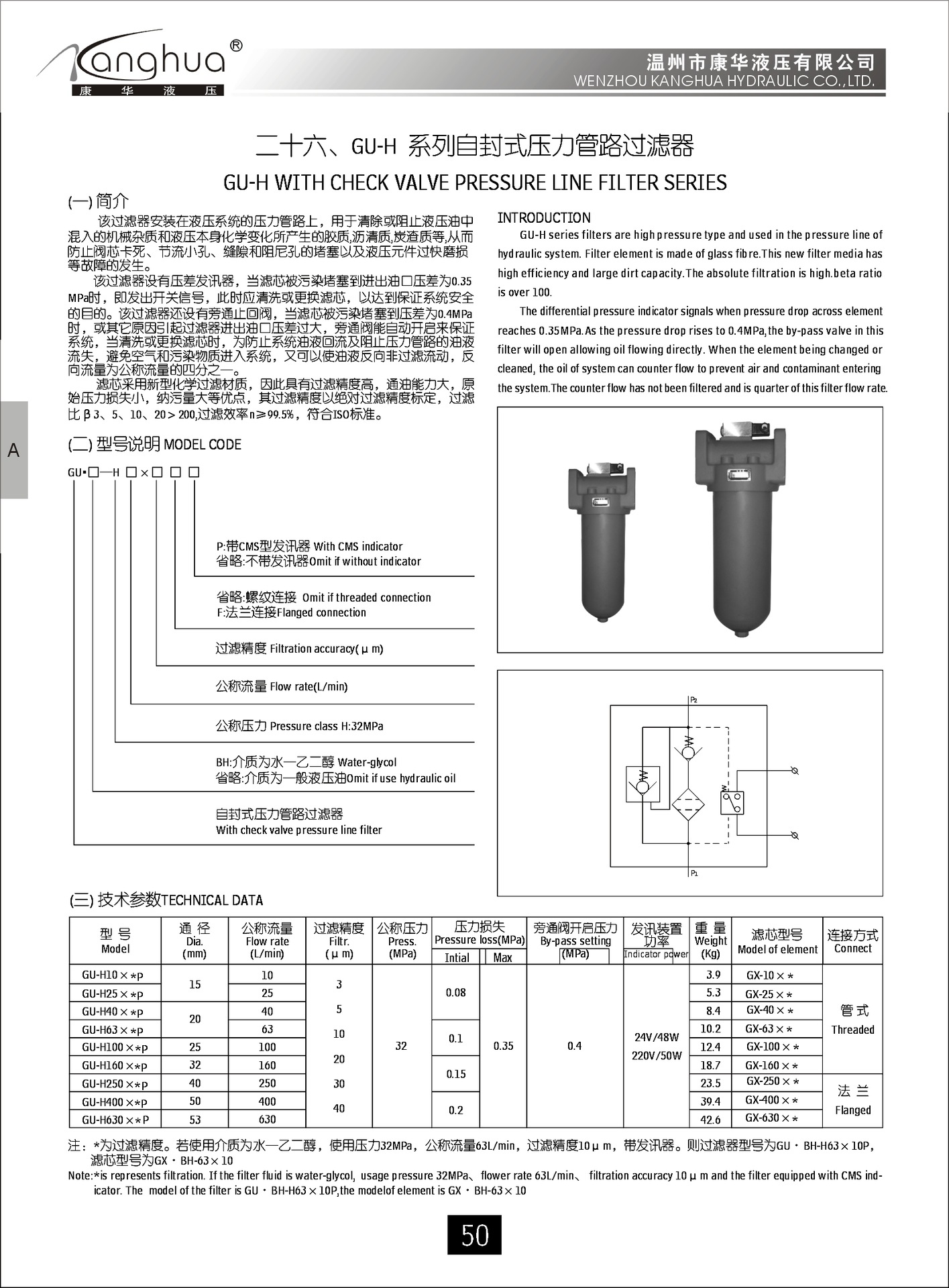 供应管路过滤器GU-H63×10 20 30-P，自封式高压滤油器示例图1