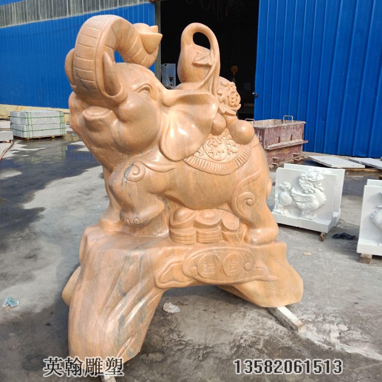 晚霞红石雕吸水大象一对  精工雕刻 酒店门口汉白玉风水动物摆件  英翰雕塑供应