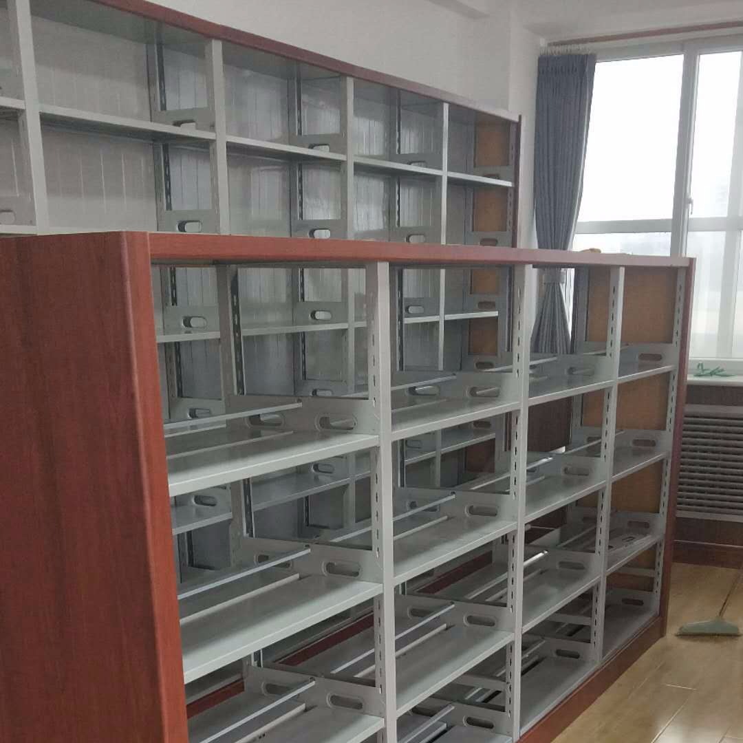 河北石家庄学校图书馆单双面书架价格  阅览室木护板图书架生产厂家
