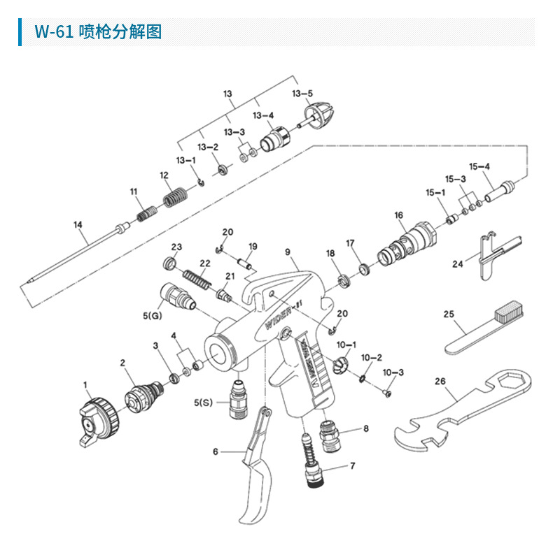 日本岩田喷枪 喷漆枪W-61 高雾化气动喷枪吸上式手动面漆油漆喷枪示例图6