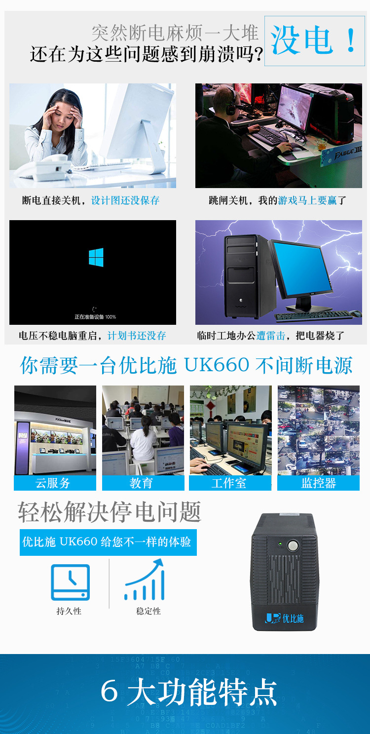 厂家热销  上海电脑电源220V 1KVA 600W 后备式UPS不间断电源包邮示例图3
