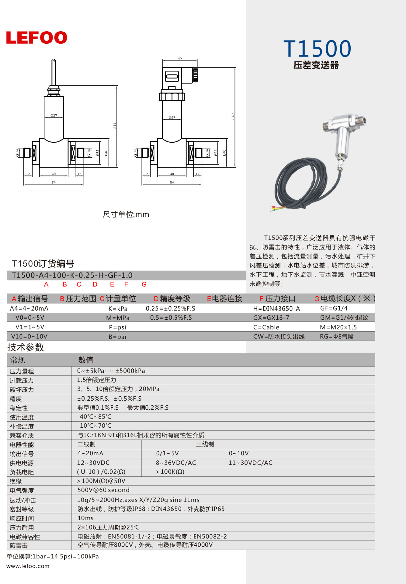力夫压差变送器 压力传感器水位控制器 液体气体压差监测 T1500示例图8