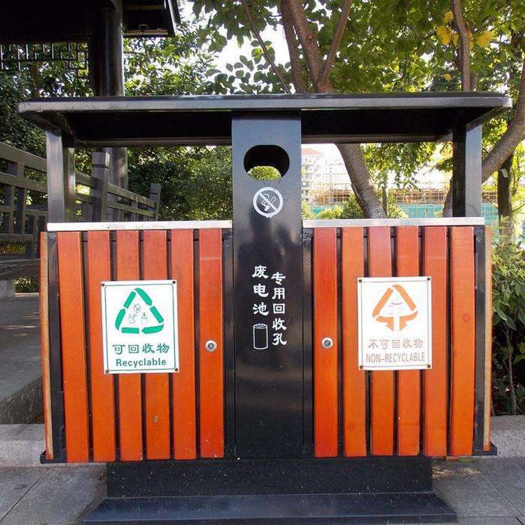 隆胜 厂家直销 户外塑木垃圾桶 市政公园分类塑木钢条垃圾桶 环卫果皮箱图片