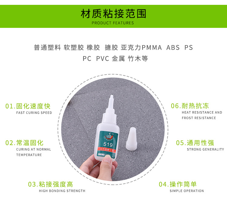 胜美519PC料+abs塑料专用胶粘剂 透明软PVC门帘高强度塑料胶水示例图5