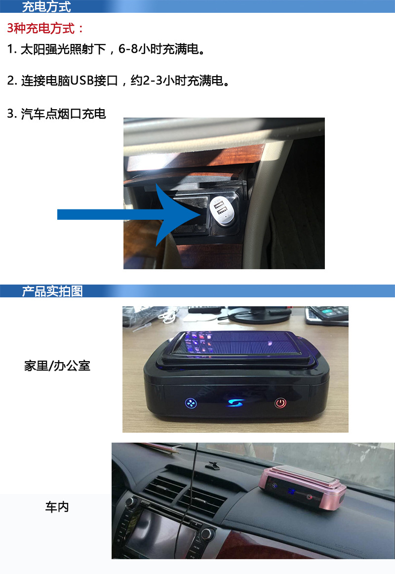 车载空气净化器 负离子车用净化器 香薰净化 太阳能充电双USB车充示例图2
