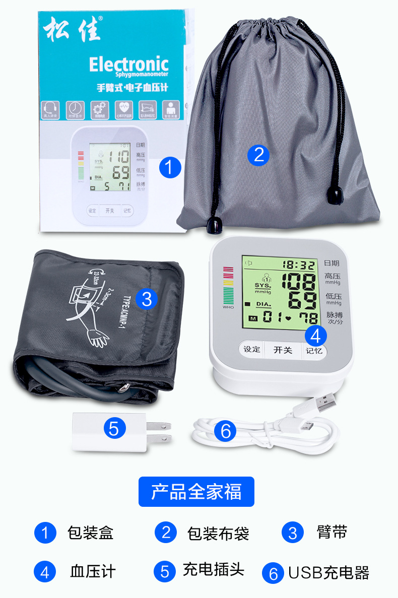 上臂式数字电子血压计三色背光老人家用全自动语音血压测量仪器示例图19