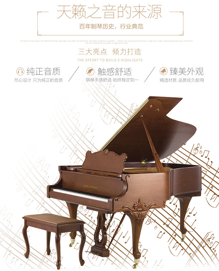 德国海论威88键高端三角钢琴gp-186柚木亚光专业演奏考级三角钢琴示例图6