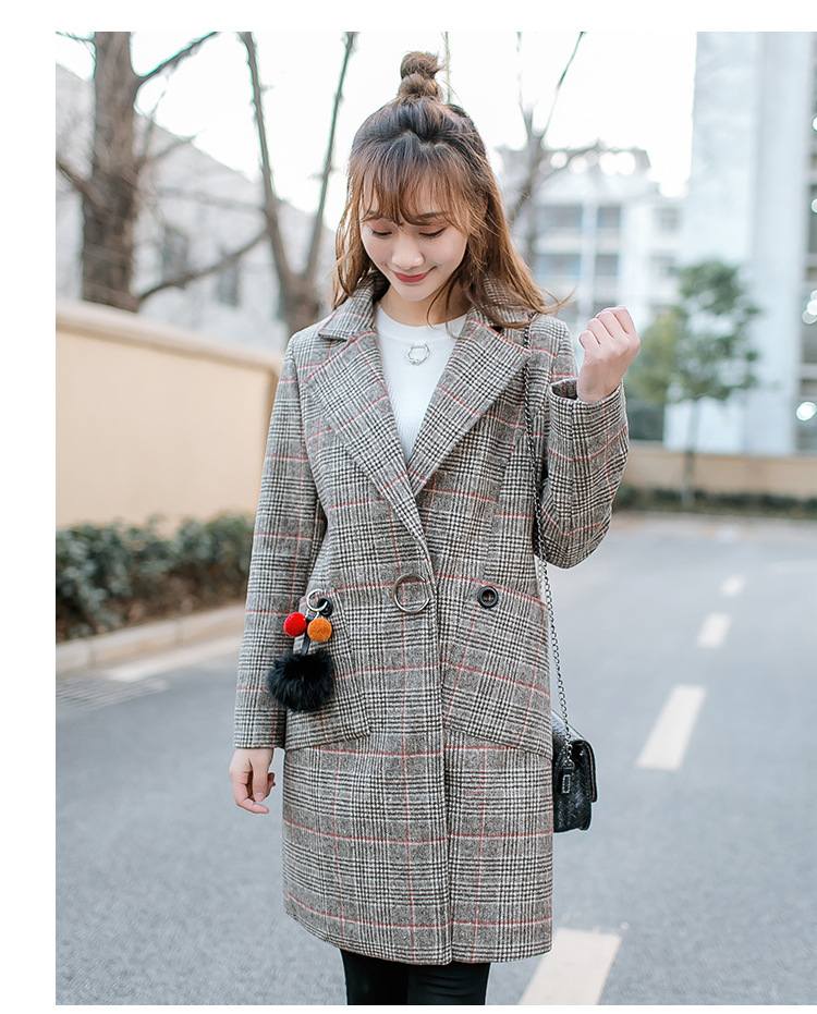 2018新款格子毛呢大衣女韩版宽松型格纹长款毛呢外套 女一件代发示例图2