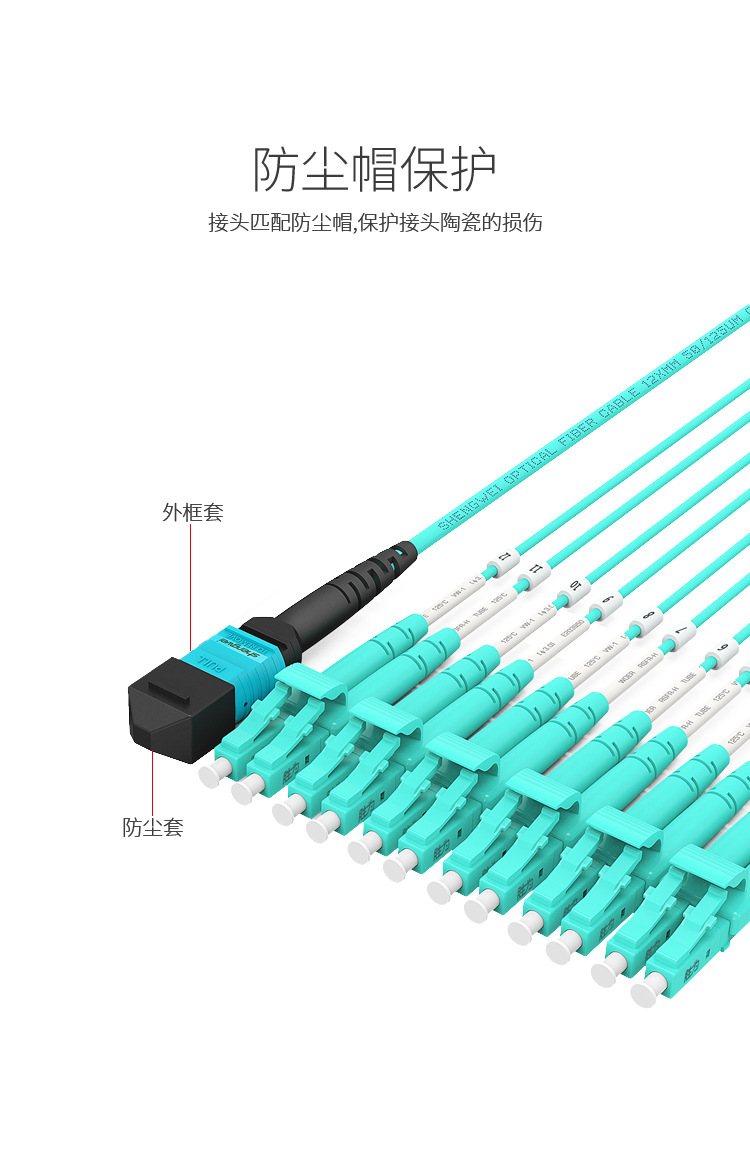 胜为厂家直销 MPO-LC12芯3米 多模OM4万兆40G光模块集束光纤跳线示例图4