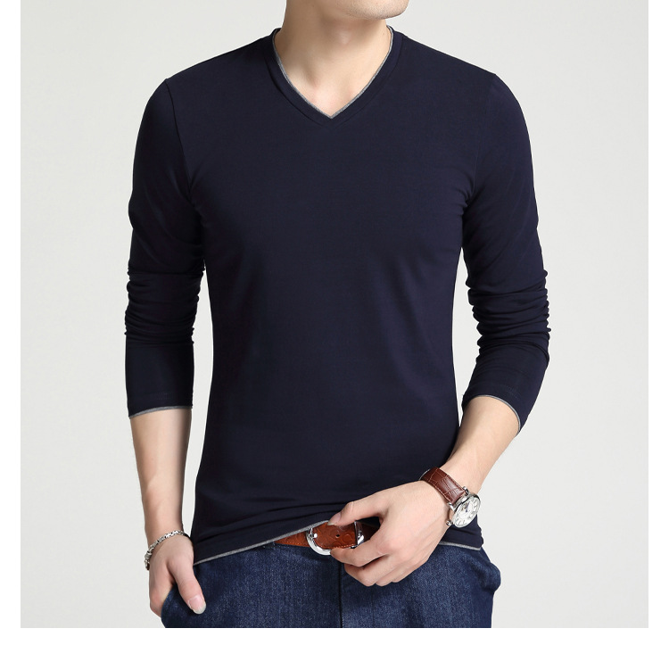 男式长袖T恤2017春夏新款韩版时尚休闲修身V领纯色棉t恤*爆款示例图12