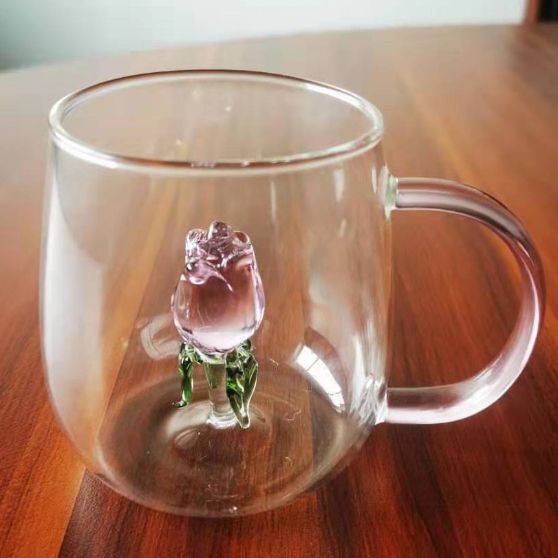 小花造型玻璃杯玫瑰花水杯家用水杯冰激凌杯子网红马克杯