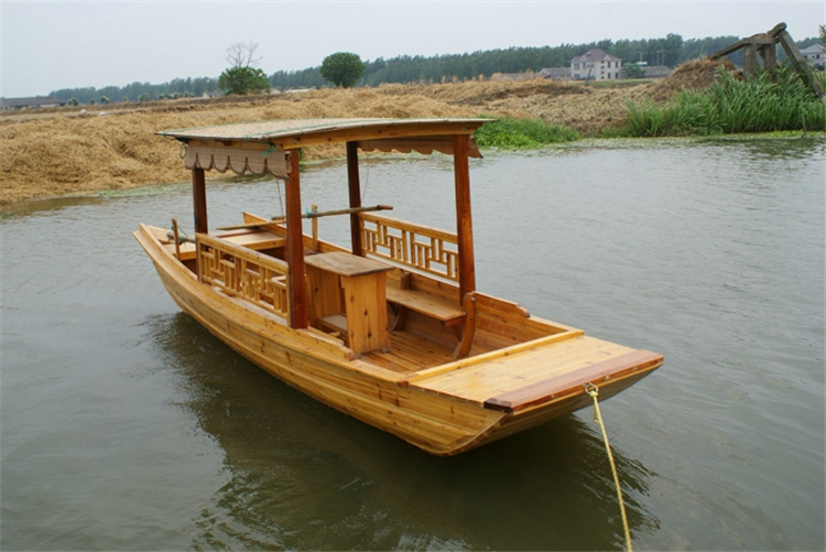 厂家定制公园手划船 电动观光木船玻璃钢画舫船