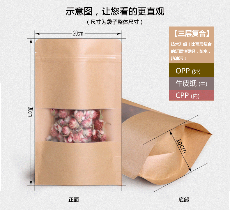 24X34cm牛皮纸袋开窗食品包装袋 拉链封口袋干果茶叶纸袋厂家定制示例图19