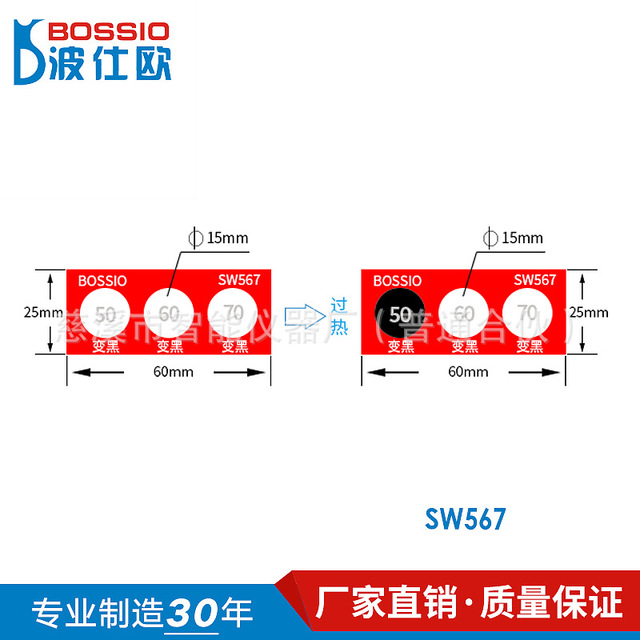 波仕欧SW567变色测温贴片 不可逆示温片 温度贴纸 热敏试纸 感温胶贴
