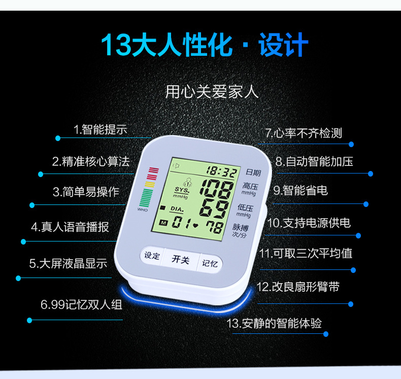 上臂式数字电子血压计三色背光老人家用全自动语音血压测量仪器示例图11