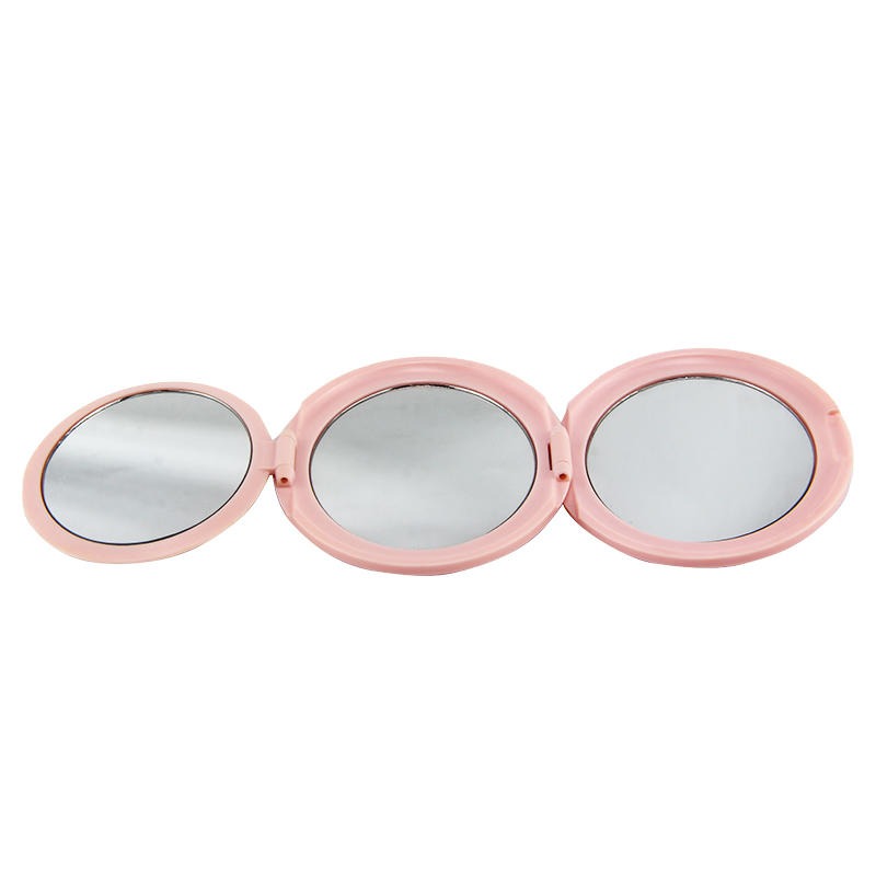 圆形三折镜方便携带补妆化妆镜工厂定制圆形塑胶三面镜子塑料迷你折叠随身镜