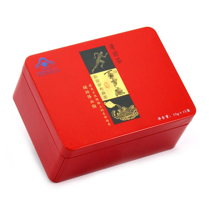 做铁盒子的厂家 长方形红色马口铁包装盒 新疆罗布麻茶铁罐包装 麦氏罐业 铁茶叶罐