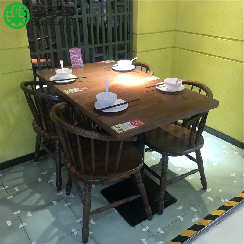 深圳港式茶餐厅实木餐桌，板式简约款快餐桌，美味香饭店木制餐桌实木围椅定做