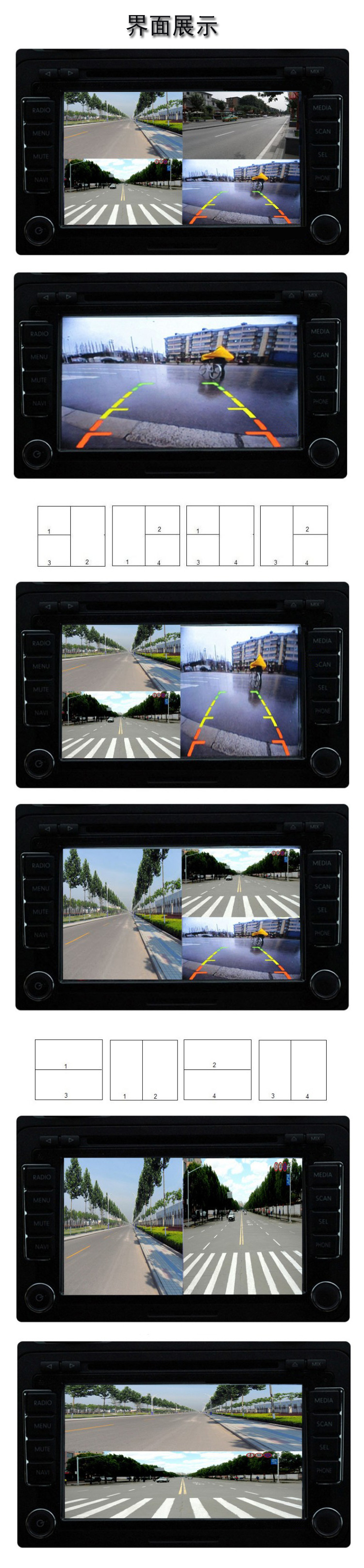 四路车载视频分割器 4画面2画面调节 多画面同显 倒车/侧视/前视示例图5