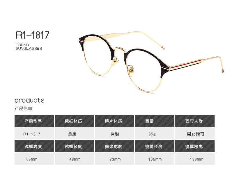 2017韩版新款潮流平光镜全金属镜架彩条眼镜框男女款金属框架镜示例图3