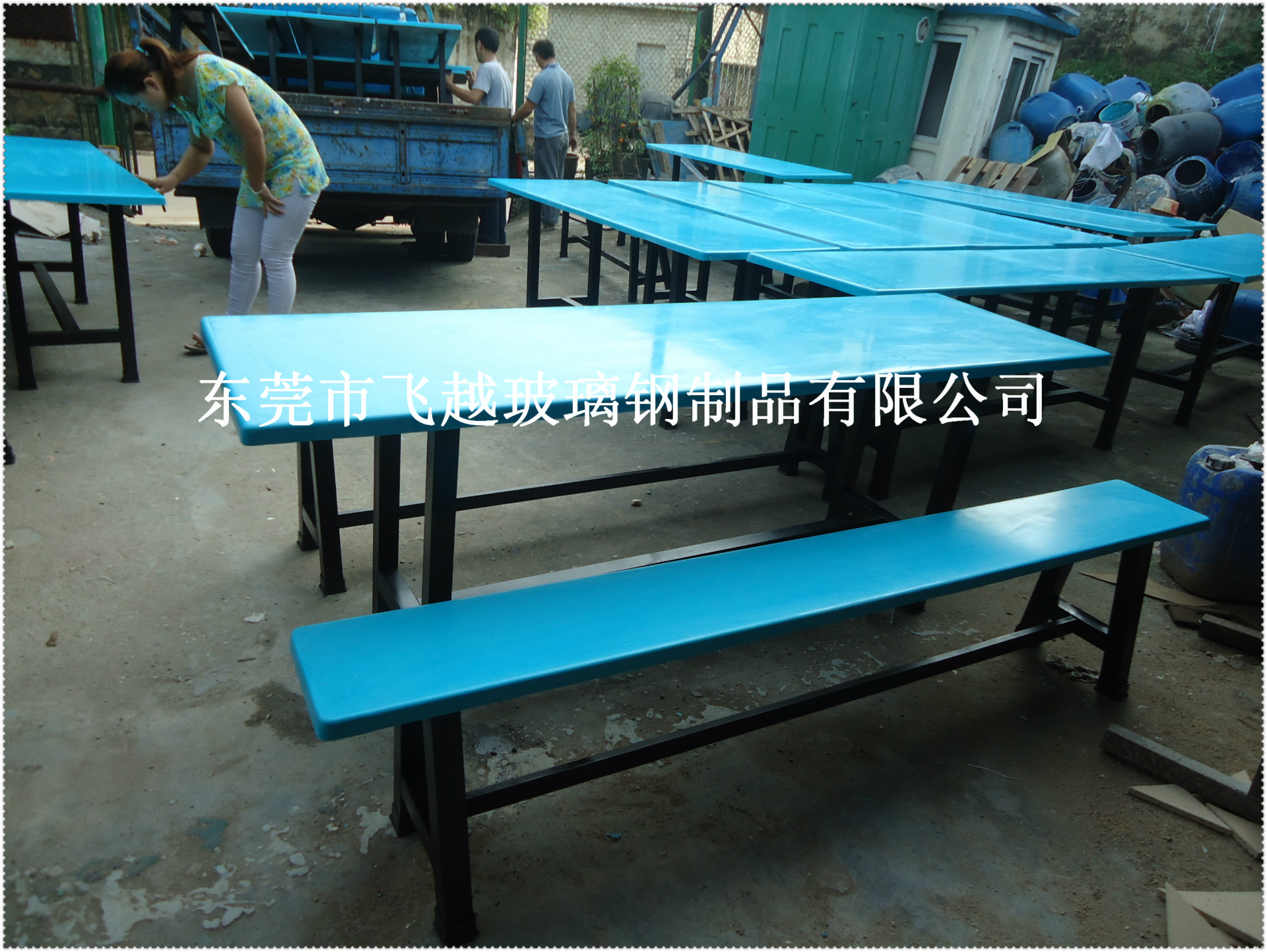 深圳玻璃钢八人位食堂餐桌椅组合工厂公司学校学生圆形凳面机压示例图45