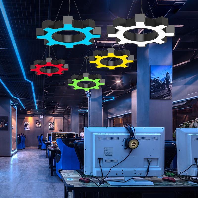 工业风齿轮LED吊灯 个性艺术办公灯具 酷炫科技感网咖蓝光铁艺吊灯图片