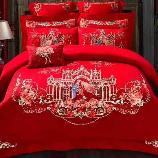 婚庆四件套婚庆用品大红色全棉刺绣结婚床上用品新婚喜被套件纯棉绣花床品图片