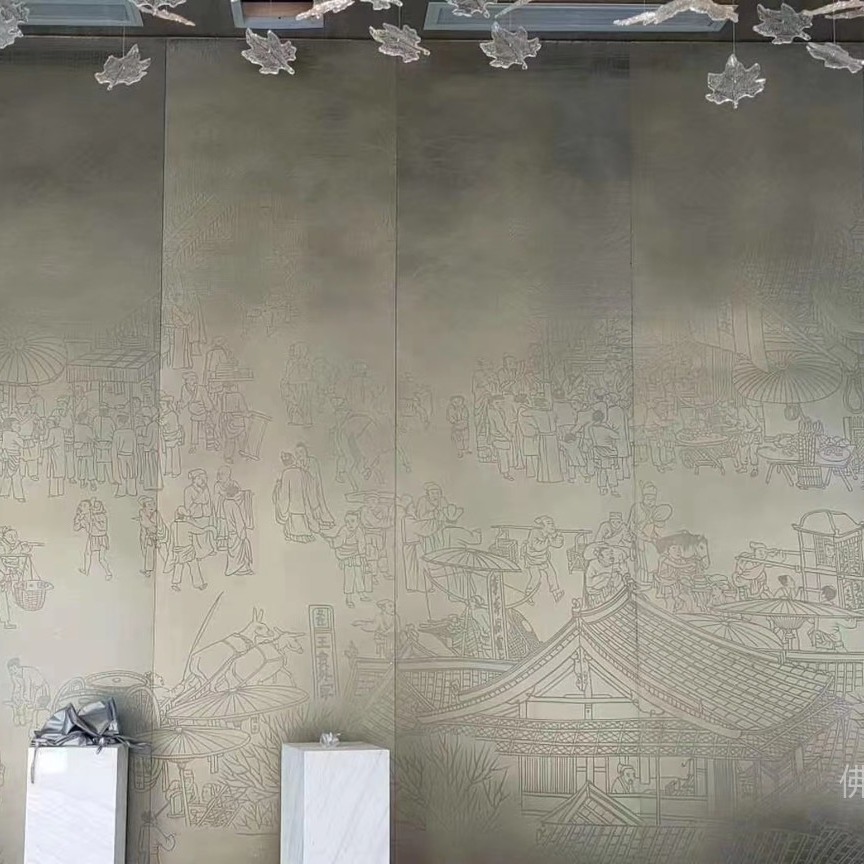 不锈钢青古铜镀铜板蚀刻清明上河图图案，大型不锈钢板材蚀刻清明上河图背景墙
