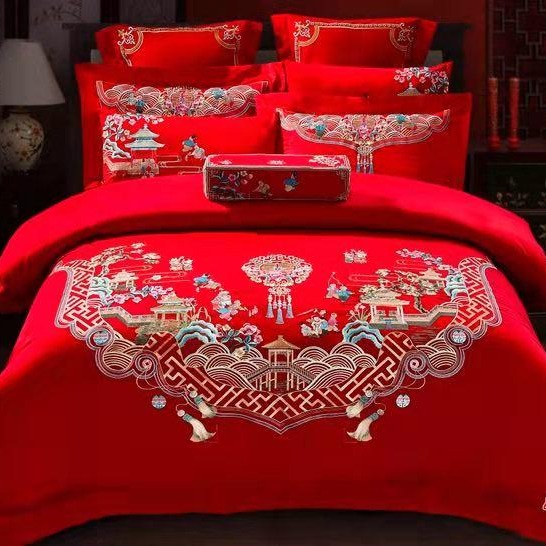 婚庆四件套全棉纯棉大红色中国风刺绣结婚喜被网红款床上用品图片
