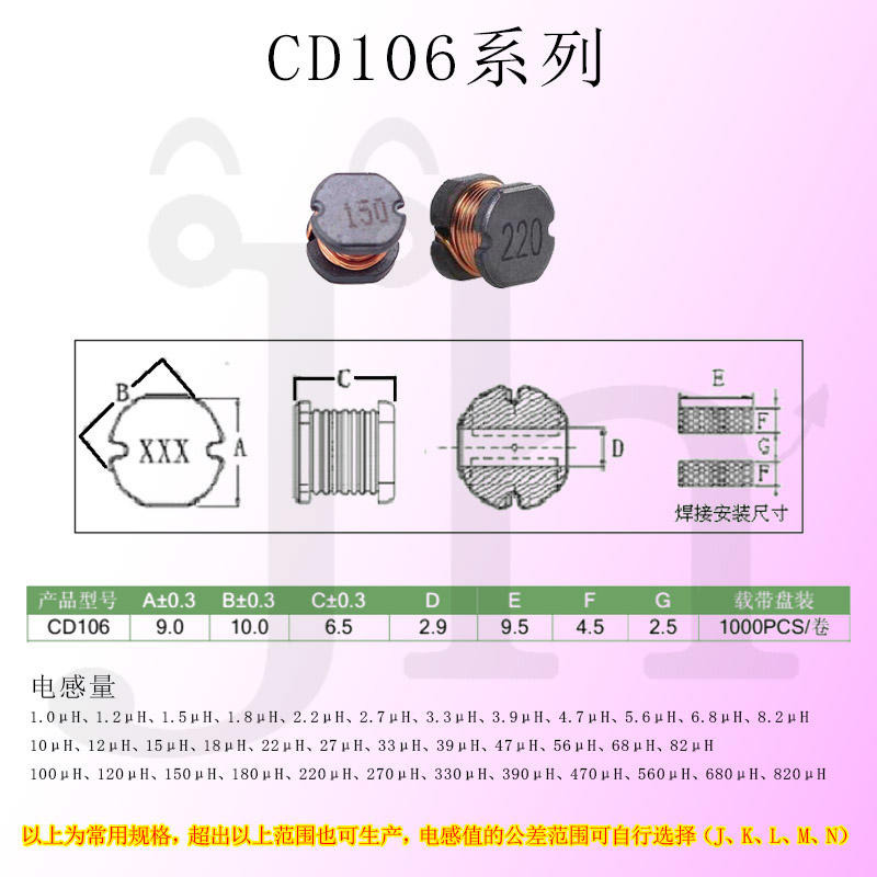 功率电感 CD106系列10/12/15/18/22/27/33/39/47/56/68/82/220/270μH多品牌