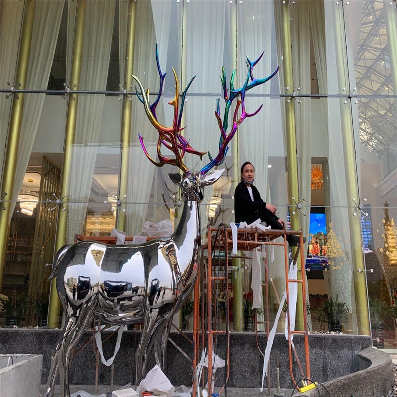 广州酒店入口不锈钢麋鹿雕塑 镜面安装实物效果图