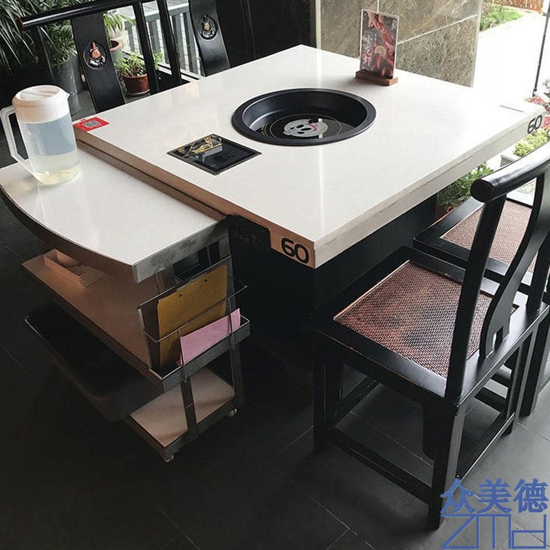 众美德生产大理石火锅桌 白色石英石台面 HGZ-529电磁炉火锅桌厂家尺寸定做图片