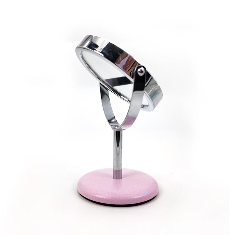 工厂定制桌面台式梳妆镜子圆形粉色美妆镜3寸小台镜皮革单面台镜创意款单面台镜